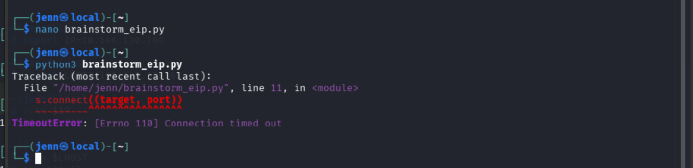 brainstorm_eip.py sending the 3000-character cyclic pattern to crash the service